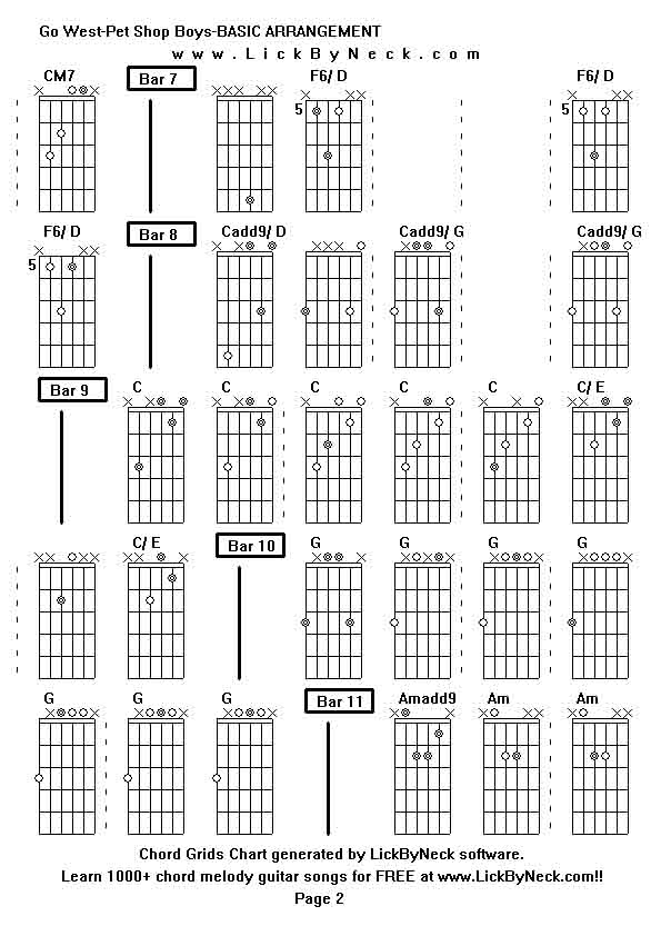 Chord Grids Chart of chord melody fingerstyle guitar song-Go West-Pet Shop Boys-BASIC ARRANGEMENT,generated by LickByNeck software.